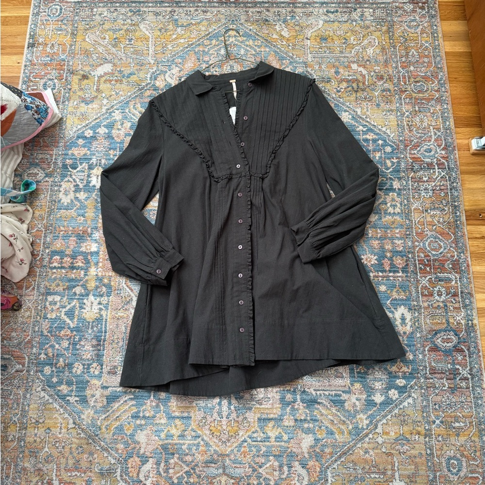 Free People Cherry Mini Shirt Dress Cotton Ruffle Slouchy Flare Charcoal NWT